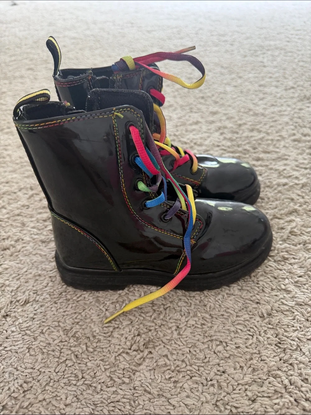 Black Patent Combat Boots with Rainbow Laces - Women